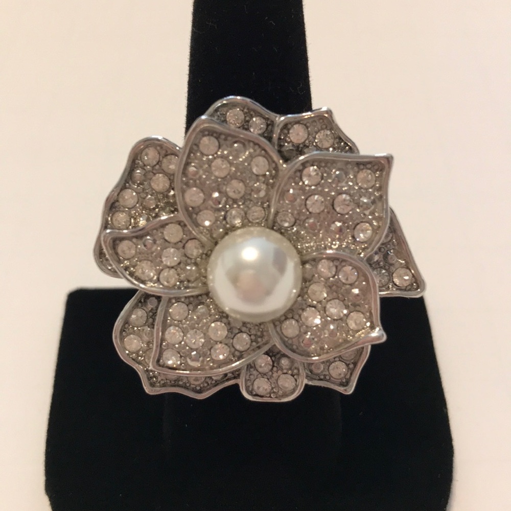 Silver and Crystal Adjustable Flower Ring